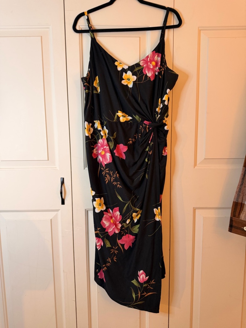 nine britton Black Floral Midi Dress with Pink & Yellow Blooms